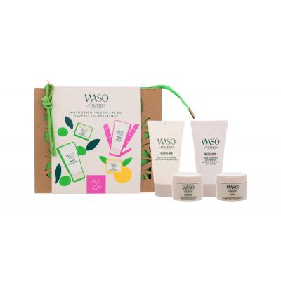 Shiseido Waso Essentials On The Go Подаръчен комплект крем за лице Waso Shikulime 15 ml + почистващ гел за лице Waso Shikulime 30 ml + нощна маска за лице Waso Yuzu-C 15 ml + ексфолираща маска Waso Satocane 30 ml + козметична чанта