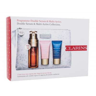 Clarins Double Serum Подаръчен комплект серум за лице Double Serum 50 ml + дневен крем за лице Multi-Active Day 15 ml + нощен крем за лице Multi-Active Night 15 ml + козметична чантичка