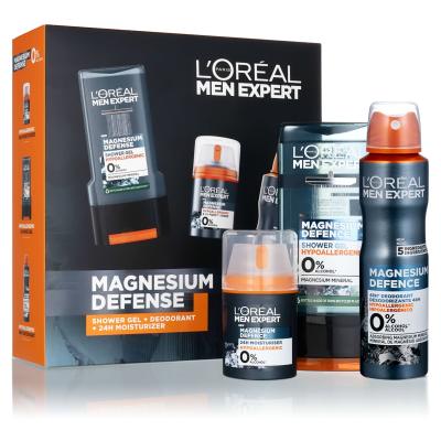 L&#039;Oréal Paris Men Expert Magnesium Defence Подаръчен комплект дневен крем за лице Men Expert Magnesium Defence 24h Moisturizer 50 ml + дезодорант Men Expert Magnesium Defence 150 ml + душ гел Men Expert Magnesium Defence Shower Gel 300 ml