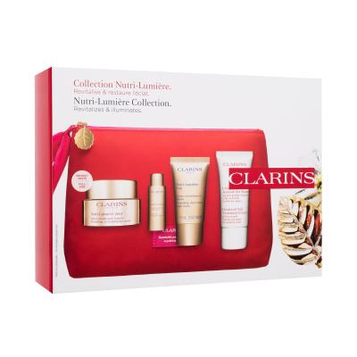 Clarins Nutri-Lumière Collection Подаръчен комплект дневен крем за лице Nutri-Lumiére Day Cream 50 ml + нощен крем за лице Nutri-Lumiére Night Cream 15 ml + серум за лице Nutri-Lumiére Treatment Essence 10 ml + крем за ръце Hand and Nail Treatment Cream 30 ml + козметична чантичка