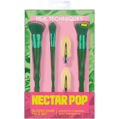 Real Techniques Nectar Pop Glazed Daze Face Set Подаръчен комплект козметична четка Soft Sculpting Brush RT 070 1 бр + козметична четка Strippling Brush RT 071 1 бр + козметична четка Brightening Concealer Brush RT 072 1 бр + шноли за коса 2 бр