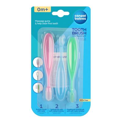 Canpol babies Baby Toothbrush Trainer Set Подаръчен комплект четка за масаж 1 бр + гумена четка за първите зъбки 1 бр + четка за зъби 1 бр