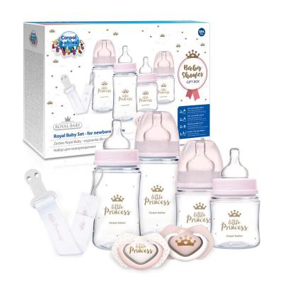 Canpol babies Royal Baby Set Little Princess Подаръчен комплект бебешко шише EasyStart Anti-Colic 2 x 240 ml + бебешко шише EasyStart Anti-Colic 2 x 120 ml + биберон Light Touch Royal Baby Soother 2 x 0-6m + щипка за биберон Royal Baby Soother Clip With Ribbon 1 бр