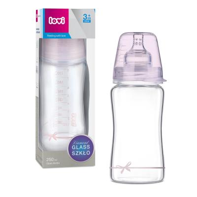 LOVI Baby Shower Glass Bottle Pink 3m+ Бебешко шише за деца 250 ml