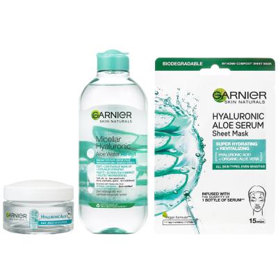 Garnier Skin Naturals Hyaluronic Aloe Подаръчен комплект дневен крем за лице Skin Naturals Hyaluronic Aloe Jelly Daily Cream 50 ml + мицеларна вода Skin Naturals Micellar Hyaluronic Aloe Water 400 ml + маска за лице Skin Naturals Hyaluronic Aloe Serum Tissue Mask 28 g