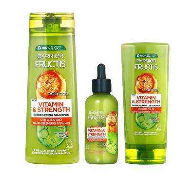 Garnier Fructis Vitamin &amp; Strength Подаръчен комплект шампоан Fructis Vitamin &amp; Strength Reinforcing Shampoo 400 ml + балсам Fructis Vitamin &amp; Strength Reinforcing Conditioner 200 ml + серум за коса Fructis Vitamin &amp; Strength Anti-Fall Treatment 125 ml