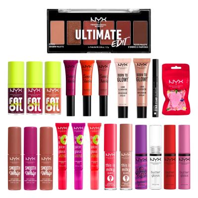 NYX Professional Makeup Fa La La L.A. Land 24 Full-Size Piece Makeup Surprise Box Подаръчен комплект гланц за устни 9 бр + червило 3 бр + масло за устни 3 бр + руж 3 бр + хайлайтър 2 бр + печат за лице и тяло 1 бр + гъба за грим 1 бр + палитра сенки за очи