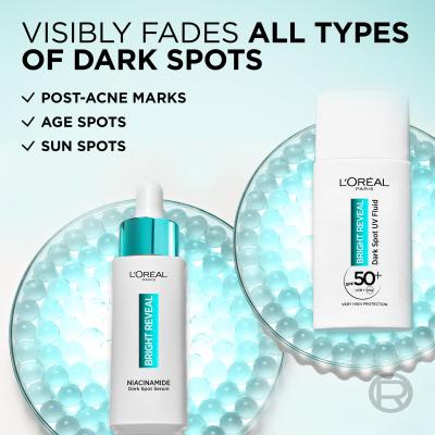 L&#039;Oréal Paris Bright Reveal Dark Spot UV Fluid SPF50+ Подаръчен комплект дневен флуид за лице Bright Reveal Dark Spot UV Fluid SPF50 50 ml + серум за лице Bright Reveal Niacinamide Dark Spot Serum 30 ml