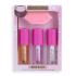 Makeup Revolution London Kiss & Go Lip Oil Set Подаръчен комплект масло за устни Lip Oil Honey 4,5 ml+ масло за устни Lip Oil Peach Pink 4,5 ml+ масло за устни Lip Oil Watermelon 4,5 ml + четка за пилинг на устни 1 бр