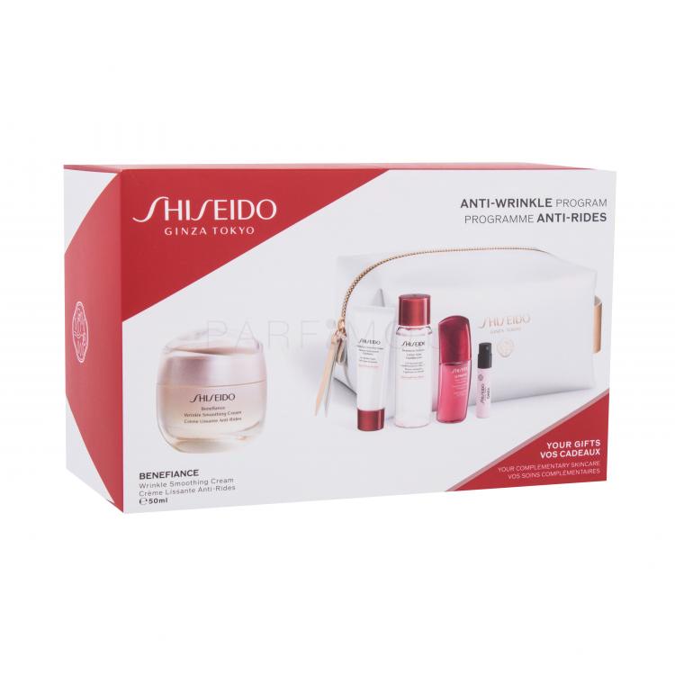 Shiseido Benefiance Подаръчен комплект дневен крем за лице Benefiance Wrinkle Smoothing Cream 50 ml + почистваща пяна за лице Clarifying Cleansing Foam 15 ml + почистващ тоник Treatment Softener 30 ml + серум за лице Ultimune Power Infusing Concentrate 10 ml + EDP Shiseido Ginza 0,8 ml + козметична 