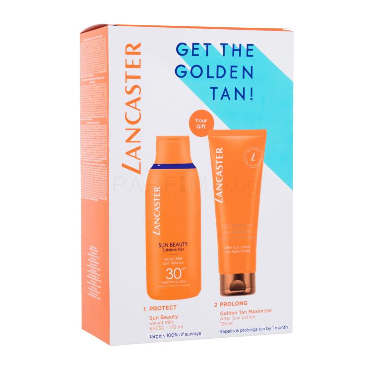 Lancaster Sun Beauty That Summer Feeling Подаръчен комплект слънцезащитен лосион Sun Beauty Sublime Tan Velvet Milk SPF30 175 ml + лосион за след слънце за удължаване на тена Golden Tan Maximizer After Sun Lotion 125 ml увредена кутия