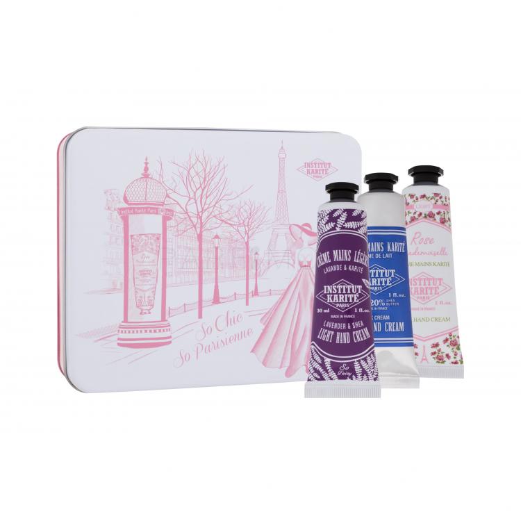 Institut Karité So Chic So Parisienne Подаръчен комплект крем за ръце Shea Hand Cream Light Rose Mademoiselle 30 ml + крем за ръце Light Hand Cream Lavender &amp; Shea 30 ml + крем за ръце Shea Hand Cream Milk Cream 30 ml + метална кутия