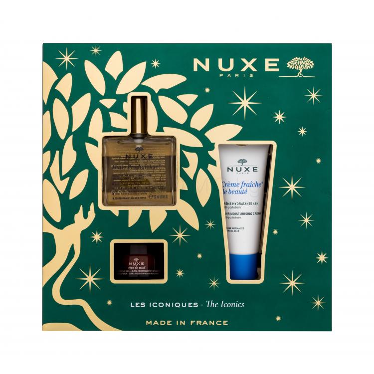 NUXE The Iconics Подаръчен комплект сухо масло Huile Prodigieuse 50 ml + дневен крем за лице Créme Fraiche de Beauté 30 ml + балсам за устни Reve de Miel Honey 15 g