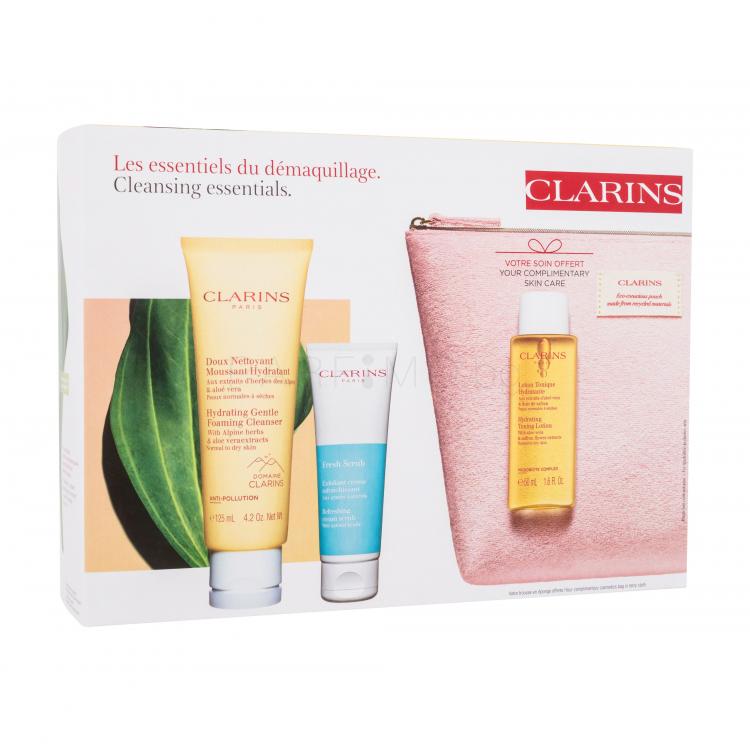 Clarins Cleansing Essentials Подаръчен комплект почистващ пенлив крем Hydrating Gentle Foaming Cleanser 125 ml + пилинг за лице Fresh Scrub 50 ml + тоник за лице Hydrating Toning Lotion 50 ml + козметичен несесер