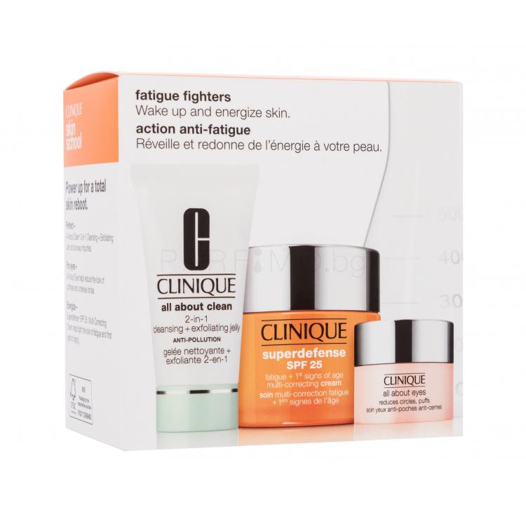 Clinique Fatigue Fighters Подаръчен комплект дневен крем за лице Superdefense Multi-Correcting Cream SPF25 50 ml + околоочен крем All About Eyes 5 ml + почистващ гел All About Clean 2IN1 Cleansing Exfoliating Jelly 30 ml