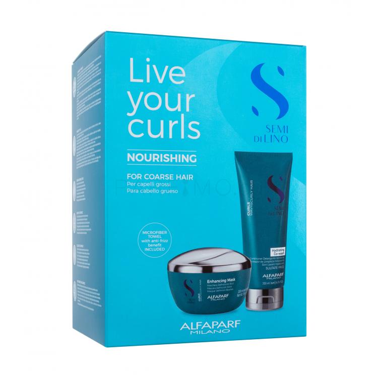 ALFAPARF MILANO Semi Di Lino Live Your Curls Подаръчен комплект измиващ крем-балсам за коса Semi Di Lino Curls Hydrating Co-Wash 200 ml + маска за коса Semi Di Lino Curls Enhancing Mask 200 ml + хавлиена кърпа