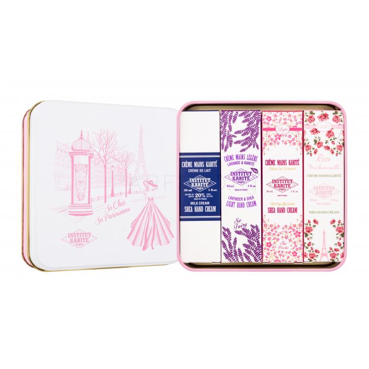 Institut Karité So Chic So Parisienne Подаръчен комплект крем за ръце Shea Hand Cream Light Rose Mademoiselle 30 ml + крем за ръце Light Hand Cream Lavender &amp; Shea 30 ml + крем за ръце Shea Hand Cream Milk Cream 30 ml + крем за ръце Shea Hand Cream Cherry Blossom 30 ml + метална кутия