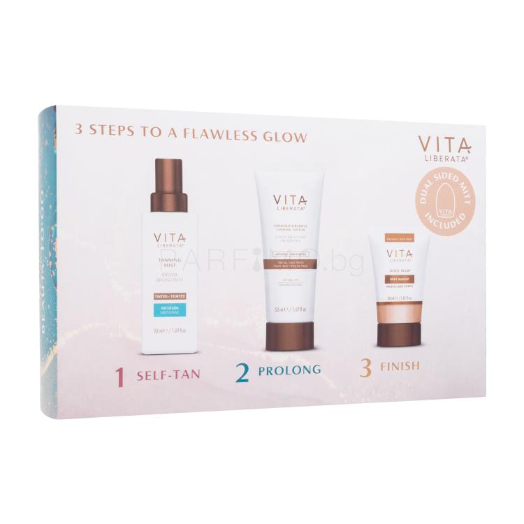 Vita Liberata Beauty To Go The Tan Your Skin Wants Подаръчен комплект слънцезащитен лосион Fabulous Gradual Tanning Lotion Untinted 50 ml + слънцезащитна мъгла Tanning Mist Tinted 50 ml Medium + фон дьо тен за тяло Body Blur Body Makeup 30 ml Medium + ръкавици за нанасяне на автобронзант 1 бр