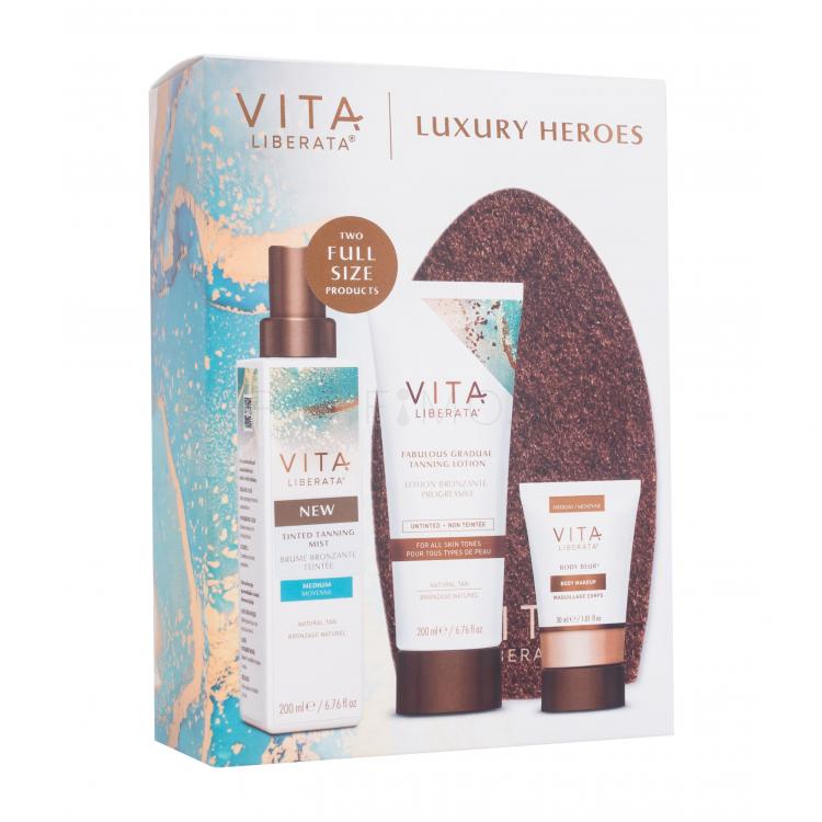 Vita Liberata Luxury Heroes Подаръчен комплект слънцезащитен лосион Fabulous Gradual Tanning Lotion Untinted 200 ml + слънцезащитна мъгла Tanning Mist Tinted 200 ml Medium + фон дьо тен за тяло Body Blur Body Makeup 30 ml Medium + ръкавици за нанасяне на автобронзант 1 бр