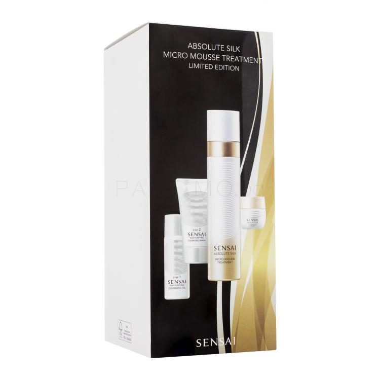 Sensai Absolute Silk Micro Mousse Treatment Limited Edition Подаръчен комплект дневен крем за лице Absolute Silk Micro Mousse Treatment 90 ml + дневен крем за лице Absolute Silk Illuminative Cream 6 ml + почистващо масло Silky Purifying Cleansing Oil 30 ml + почистващ гел за лице Silky Purifying Cle