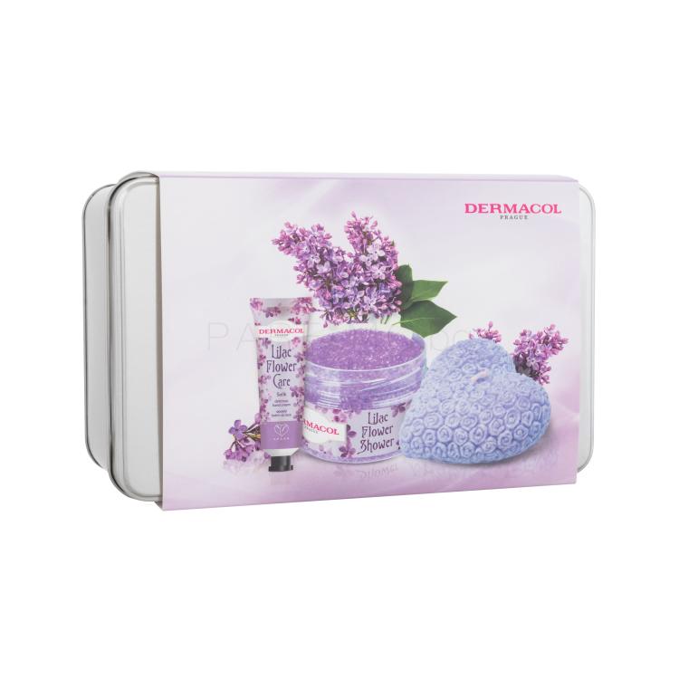 Dermacol Lilac Flower Shower Body Scrub Подаръчен комплект пилинг за тяло Lilac Flower Shower 200 g + крем за ръце Lilac Flower Care 30 ml + декоративна ароматна свещ + метална кутия