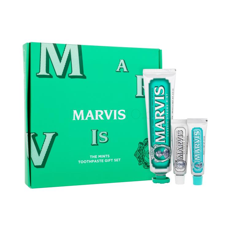 Marvis The Mints Toothpaste Подаръчен комплект паста за зъби Classic Strong Mint 85 ml + паста за зъби Anise Mint 10 ml + паста за зъби Whitening Mint 10 ml