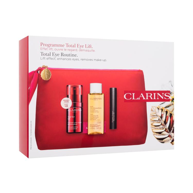 Clarins Total Eye Lift Routine Подаръчен комплект околоочен крем Total Eye Lift 15 ml + спирала Wonder Perfect Mascara 4D 3 ml 01 Perfect Black + масло за почистване на лице Total Cleansing Oil 50 ml + козметична чантичка