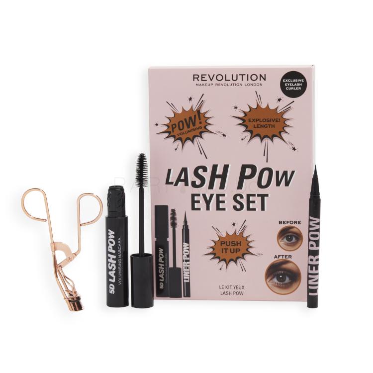 Makeup Revolution London Lash Pow Eye Set Подаръчен комплект спирала 5D Lash Pow Mascara 12,2 ml + очна линия Liner Pow 0,5 ml Black + щипки за извиване на мигли