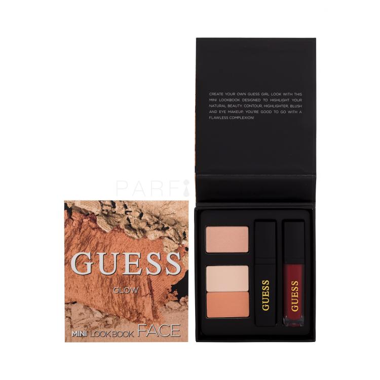 GUESS Look Book Mini Face Подаръчен комплект руж 2 x 2 g + хайлайтър 2 g + блясък за устни 4 ml + спирала Volumizing Mascara 4 ml Black