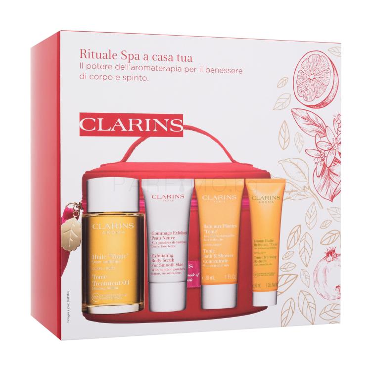 Clarins Spa At Home Подаръчен комплект масло за тяло Aroma Tonic Treatment Oil 100 ml + пилинг за тяло Exfoliating Body Scrub 30 ml + душ гел Tonic Bath &amp; Shower Concentrate 30 ml + балсам за тяло Tonic Hydrating Oil-Balm 30 ml + козметична чантичка