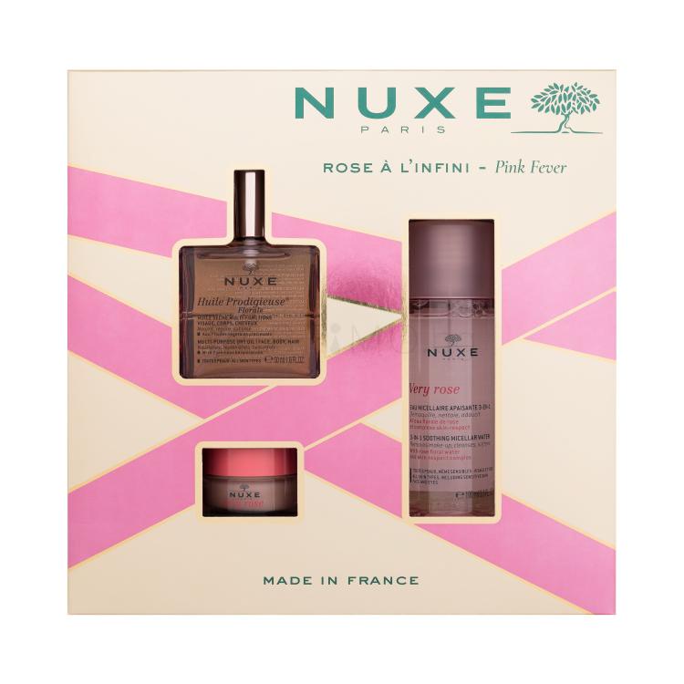 NUXE Pink Fever Подаръчен комплект сухо масло Huile Prodigieuse Florale 50 ml + мицеларна вода Very Rose 3-In-1 Soothing Micellar Water 100 ml + балсам за устни Very Rose 15 g