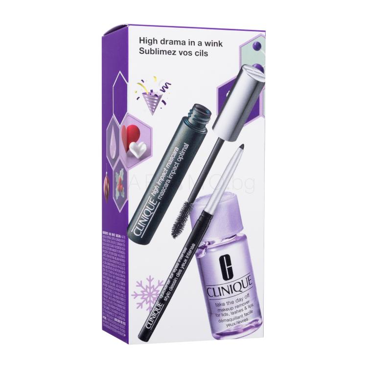 Clinique High Drama In A Wink Подаръчен комплект спирала High Impact Mascara 7 ml + молив за очи Quickliner For Eyes Intense 0,14 g Intense Black + почистване на грим Take The Day Off Makeup Remover 30 ml