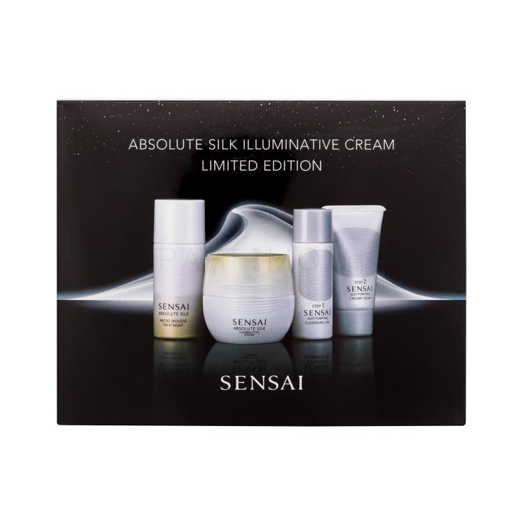 Sensai Absolute Silk Illuminative Cream Limited Edition Подаръчен комплект дневен крем за лице Absolute Silk Illuminative Cream 40 ml + почистващо масло Silky Purifying Cleansing Oil 30 ml + почистващ сапун Silky Purifying Creamy Soap 30 ml + пяна за лице Absolute Silk Micro Mousse Treatment 30 ml