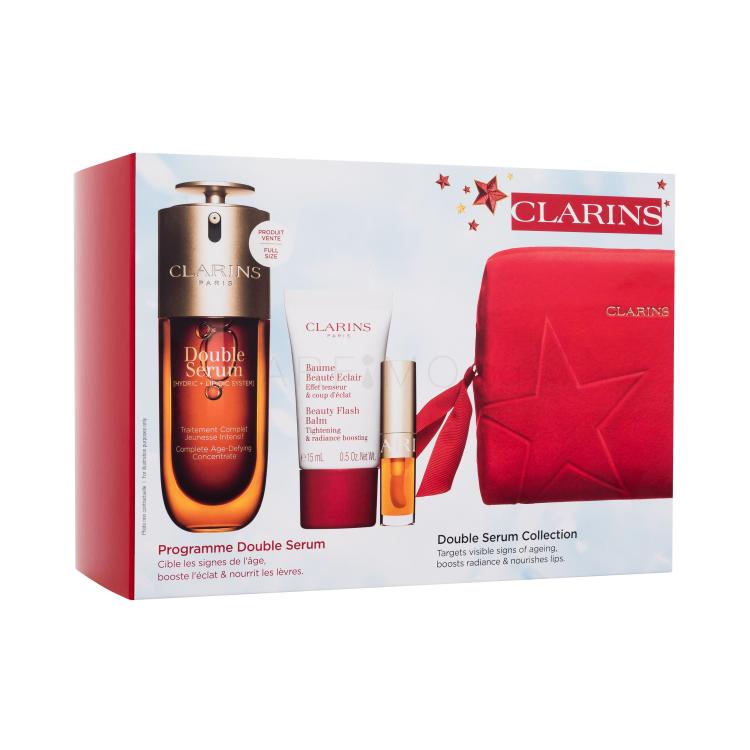 Clarins Double Serum Collection Подаръчен комплект серум за лице Double Serum 50 ml + балсам за лице Beauty Flash Balm 15 ml + масло за устни Lip Comfort Oil 1,4 ml 01 Honey + козметична чантичка