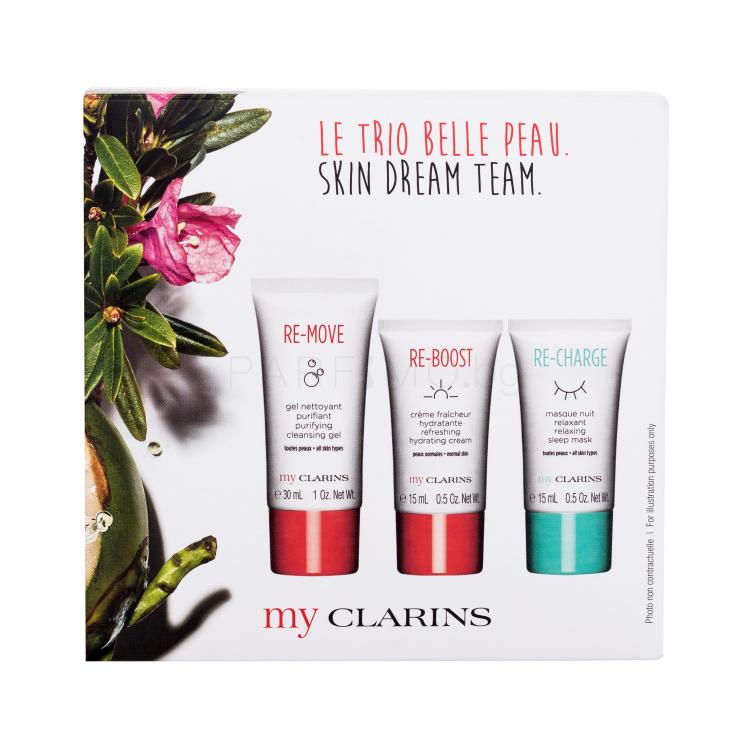 Clarins My Clarins Skin Dream Team Подаръчен комплект дневен крем за лице Re-Boost Refreshing Hydrating Cream 15 ml + маска за лице Re-Charge Relaxing Sleep Mask 15 ml + почистващ гел Re-Move Purifying Cleansing Gel 30 ml