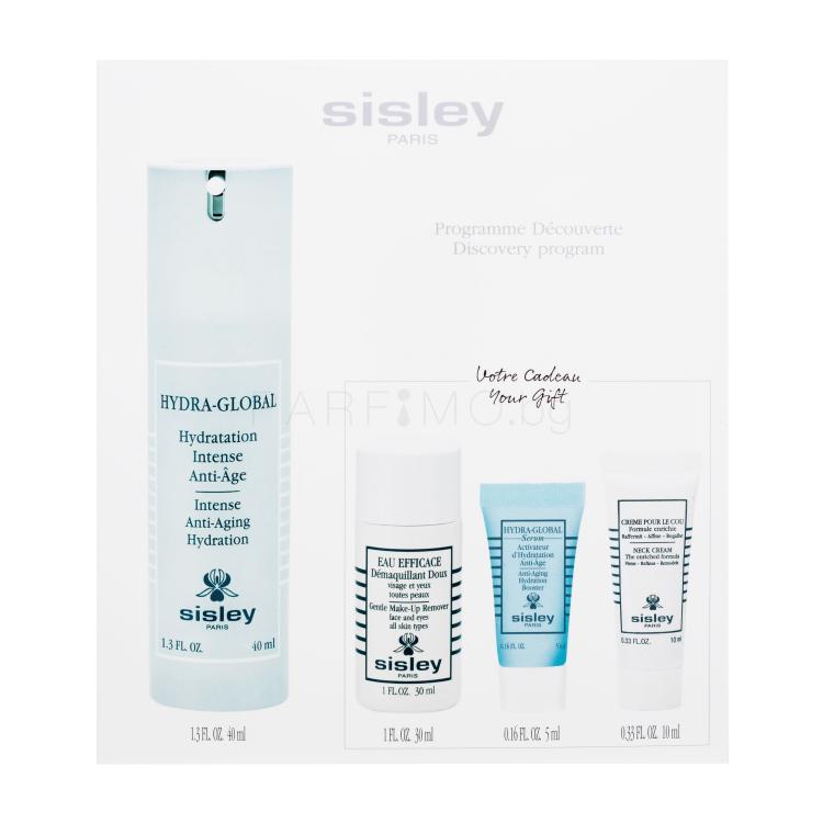 Sisley Hydra-Global Discovery Program Подаръчен комплект крем за лице Hydra Global Intense Anti Aging Hydration 40 ml + серум за лице Hydra-Global Anti-Aging Hydration Booster 5 ml + крем за шия и деколте Neck Cream Enriched Formula 10 ml + продукт за почистване на грим от лицето Eau Efficace Gentle