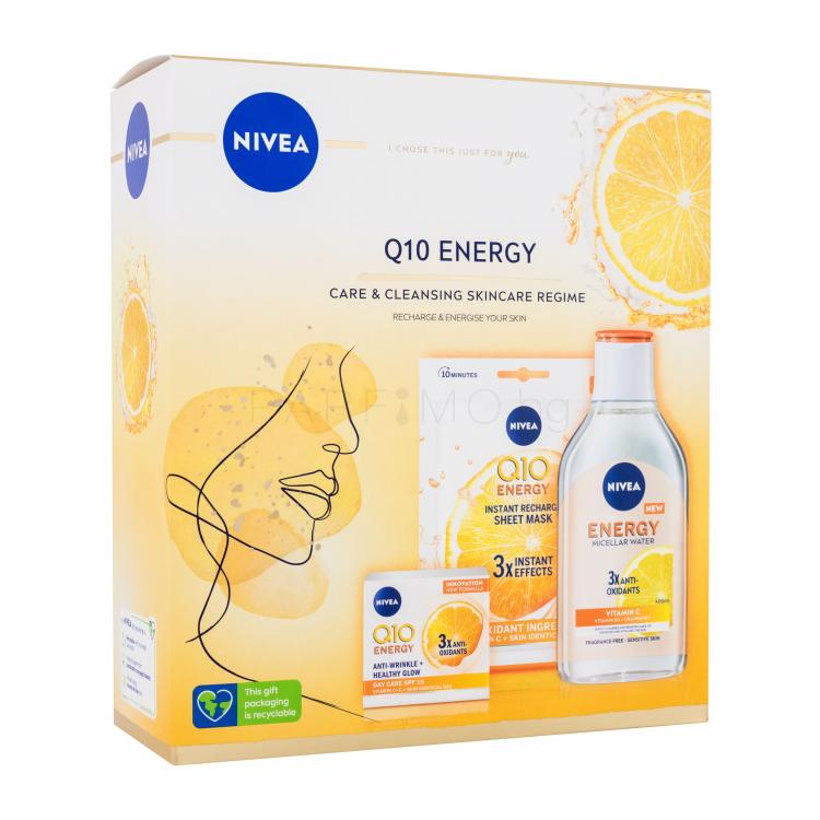 Nivea Q10 Energy Gift Set Подаръчен комплект дневен крем за лице Q10 Energy 50 ml + мицеларна вода Q10 Energy 400 ml + текстилна маска за лице Q10 Energy 1 бр увредена кутия