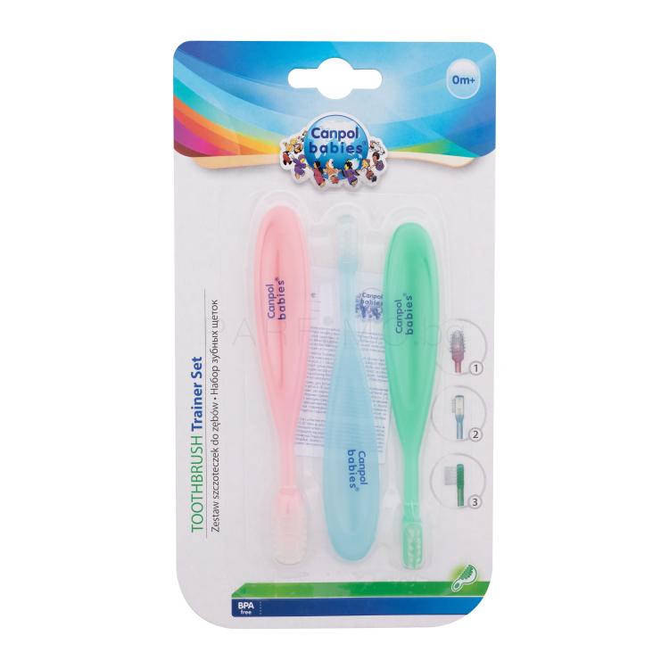 Canpol babies Baby Toothbrush Trainer Set Подаръчен комплект четка за масаж 1 бр + гумена четка за първите зъбки 1 бр + четка за зъби 1 бр