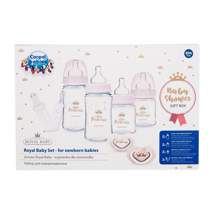 Canpol babies Royal Baby Set Little Princess Подаръчен комплект бебешко шише EasyStart Anti-Colic 2 x 240 ml + бебешко шише EasyStart Anti-Colic 2 x 120 ml + биберон Light Touch Royal Baby Soother 2 x 0-6m + щипка за биберон Royal Baby Soother Clip With Ribbon 1 бр