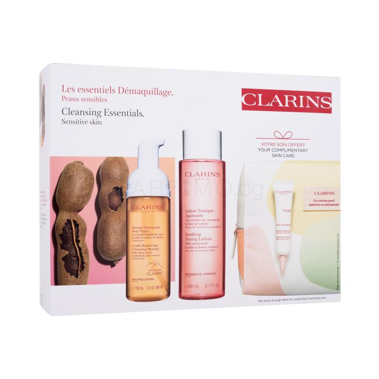 Clarins Cleansing Essentials Подаръчен комплект тоник за лице Soothing Toning Lotion 200 ml + почистваща пяна Gentle Renewing Cleansing Mousse 150 ml + емулсия за лице Calm-Essentiel Soothing Emulsion 10 ml + козметична чантичка