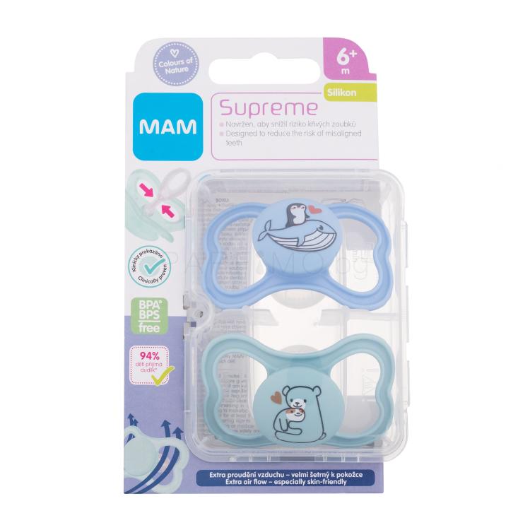 MAM Supreme Silicone Pacifier 6m+ Blue &amp; Turquoise Биберон за деца 2 бр