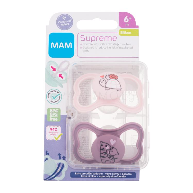 MAM Supreme Silicone Pacifier 6m+ Pink &amp; Violet Биберон за деца 2 бр