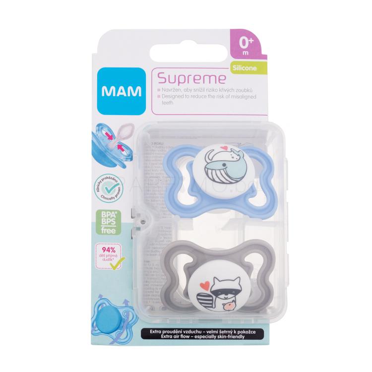 MAM Supreme Silicone Pacifier 0m+ Blue &amp; Grey Биберон за деца 2 бр