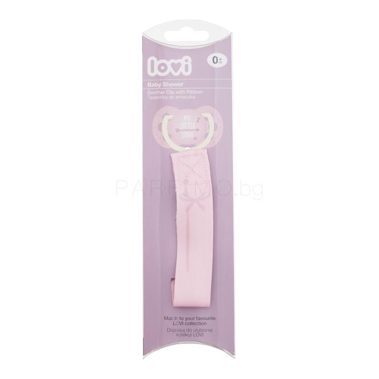 LOVI Baby Shower Soother Clip With Ribbon Girl Клипс за биберон за деца 1 бр