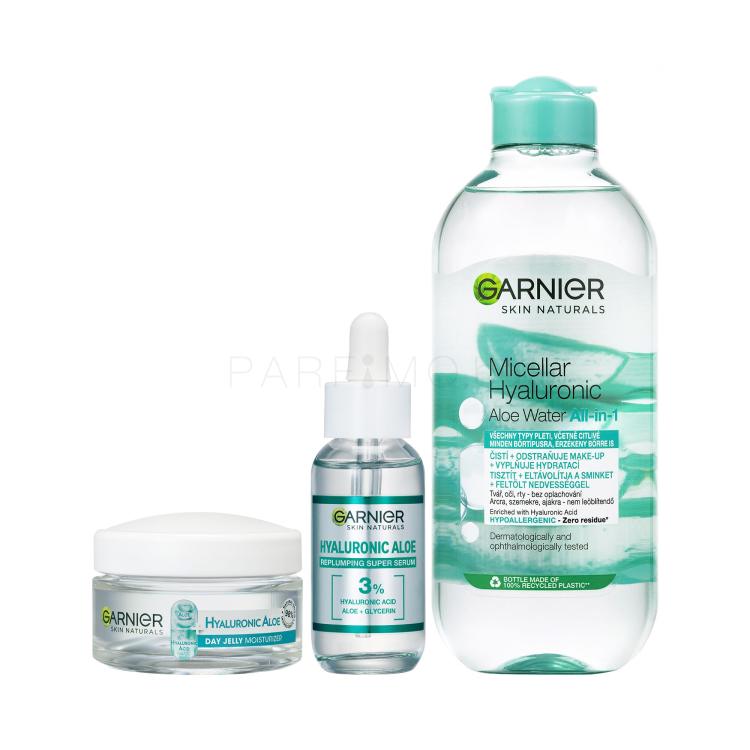 Пакет с отстъпка Мицеларна вода Garnier Skin Naturals Hyaluronic Aloe Micellar Water + Серум за лице Garnier Skin Naturals Hyaluronic Aloe Replumping Super Serum + Гел за лице Garnier Skin Naturals Hyaluronic Aloe Jelly Daily Moisturizing Care