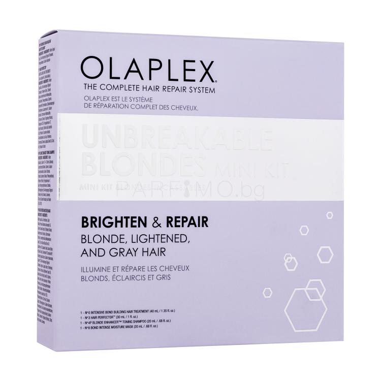 Olaplex Unbreakable Blondes Mini Kit Подаръчен комплект серум за коса Intensive Bond Building Hair Treatment No.0 40 ml + балсам за коса Hair Perfector No.3 30 ml + шампоан Blonde Enhancer Toning Shampoo No. 4P 20 ml + маска Bond Intense Moisture Mask No. 8 20 ml