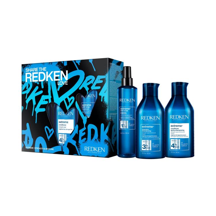 Redken Share The Redken Extreme Love Подаръчен комплект шампоан Extreme Shampoo 300 ml + балсам Extreme Conditioner 300 ml + грижа за косата Extreme Anti-Snap Treatment 250 ml