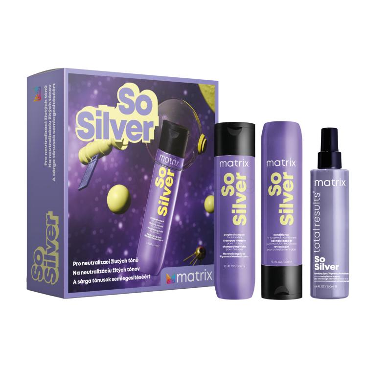 Matrix So Silver Подаръчен комплект шампоан So Silver Purple Shampoo 300 ml + балсам So Silver Conditioner 300 ml + грижа за косата без отмиване So Silver Neutralizing Dyes 200 ml