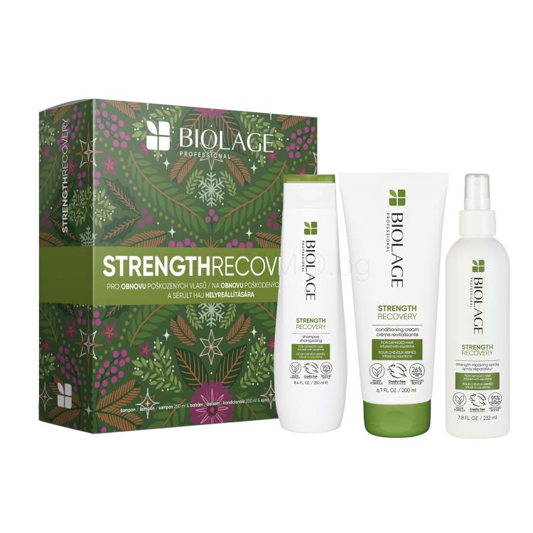 Biolage Strength Recovery Подаръчен комплект шампоан Strength Recovery Shampoo 250 ml + балсам за коса Strength Recovery Conditioning Cream 200 ml + спрей за коса Strength Recovery Strength Repairing Spray 232 ml