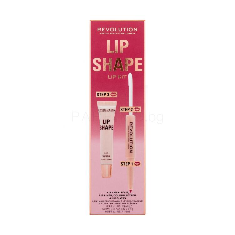 Makeup Revolution London Lip Shape Подаръчен комплект блясък за устни Lip Shape Lip Gloss 9 ml + молив за контур и фиксатор за червило 2 In 1 Lip Liner &amp; Colour Setter 1,7 ml